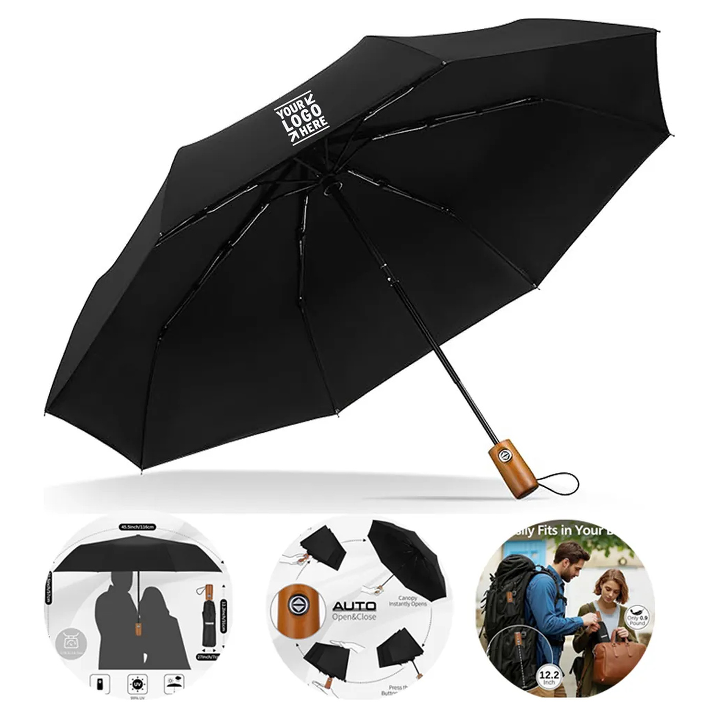 Windproof Travel Umbrella with Wood Handle