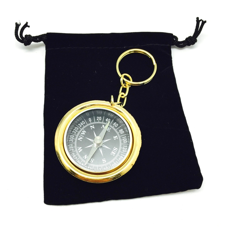 vintage Brass Compass Keychain in velveteen pouch 1170 Logo Custom