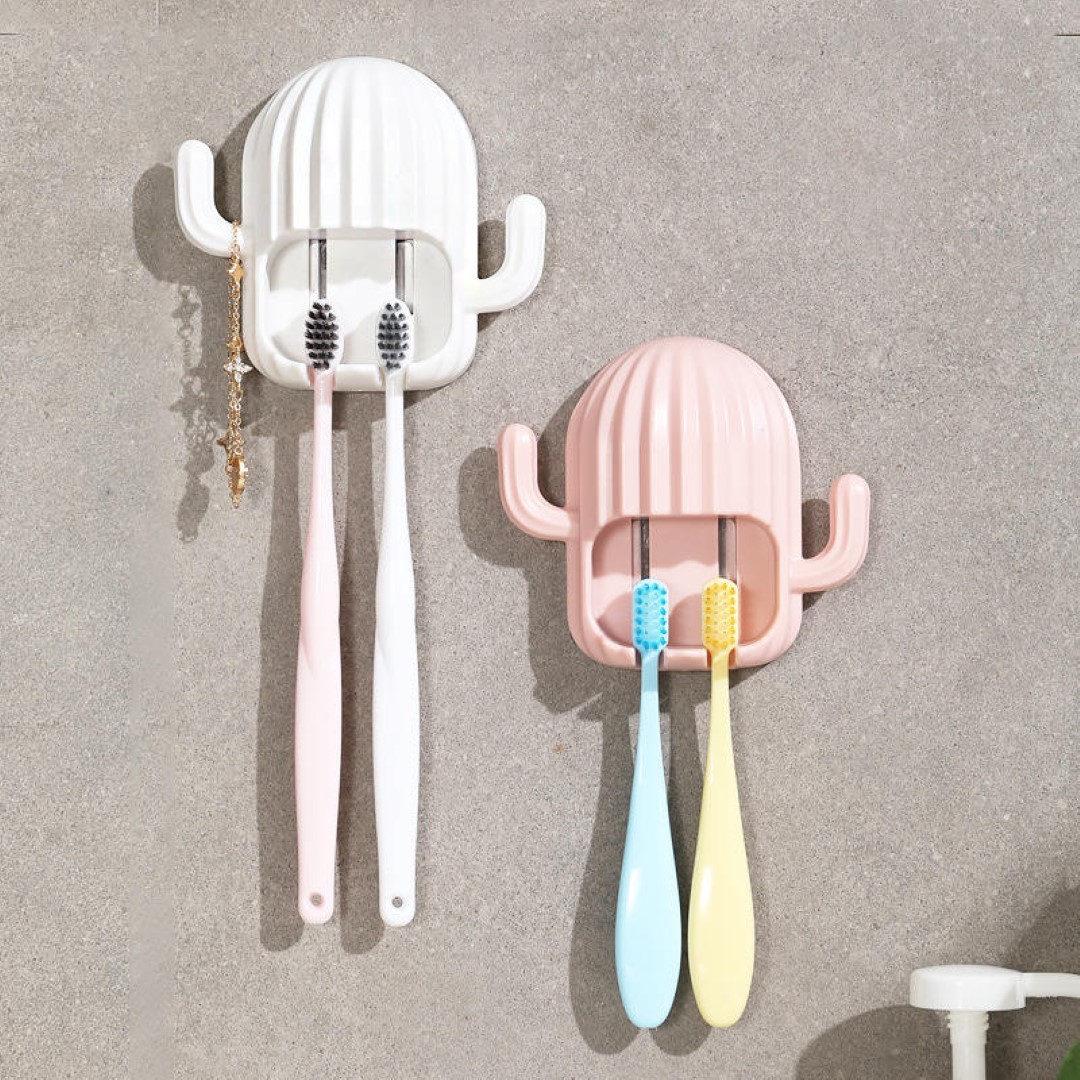 Toothbrush Holder Wall Mounted Cartoon Cactus Shelf No Drilling