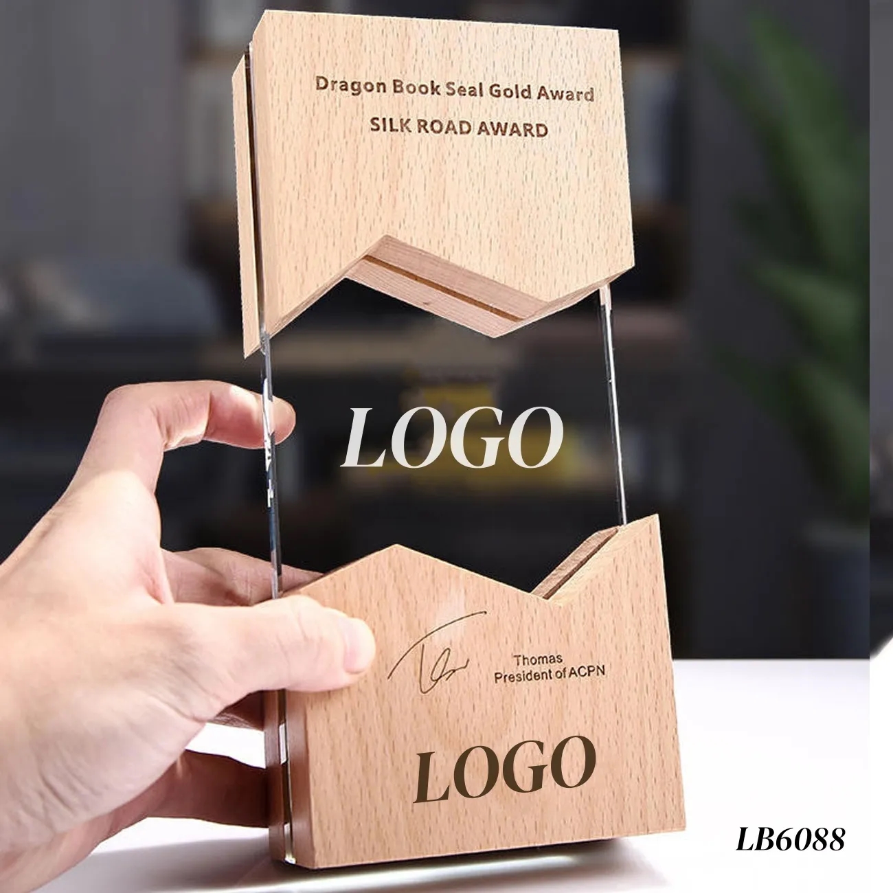 Wooden Plaque Crystal Throphy Award Engraved