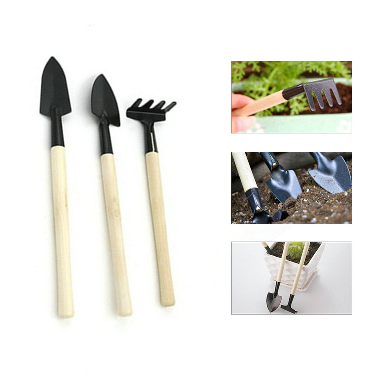 Mini Threepieces Set Of Wooden Garden Tools DSRSL9027 Logo Custom