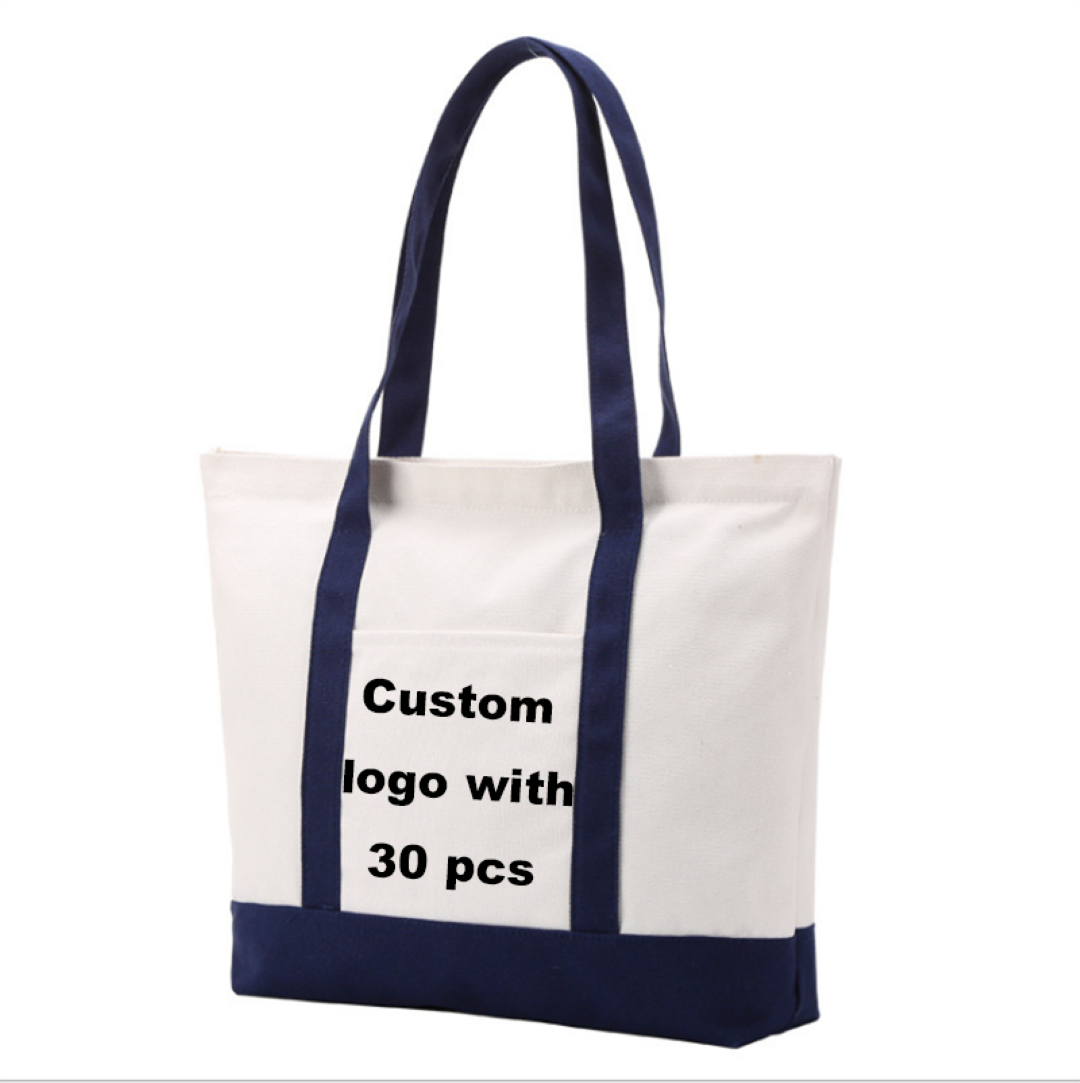 Top Zippered Canvas Striped Beach Bag