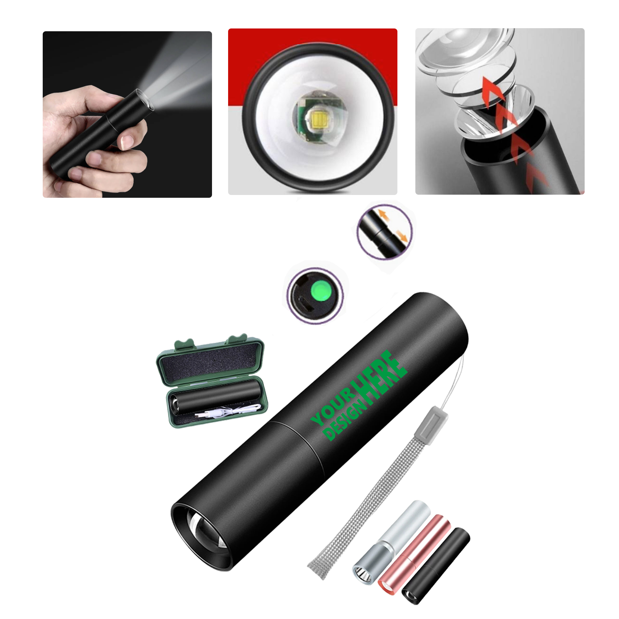 MOQ 50 Multifunctional Mini LED Rechargeable Flashlight High Beam
