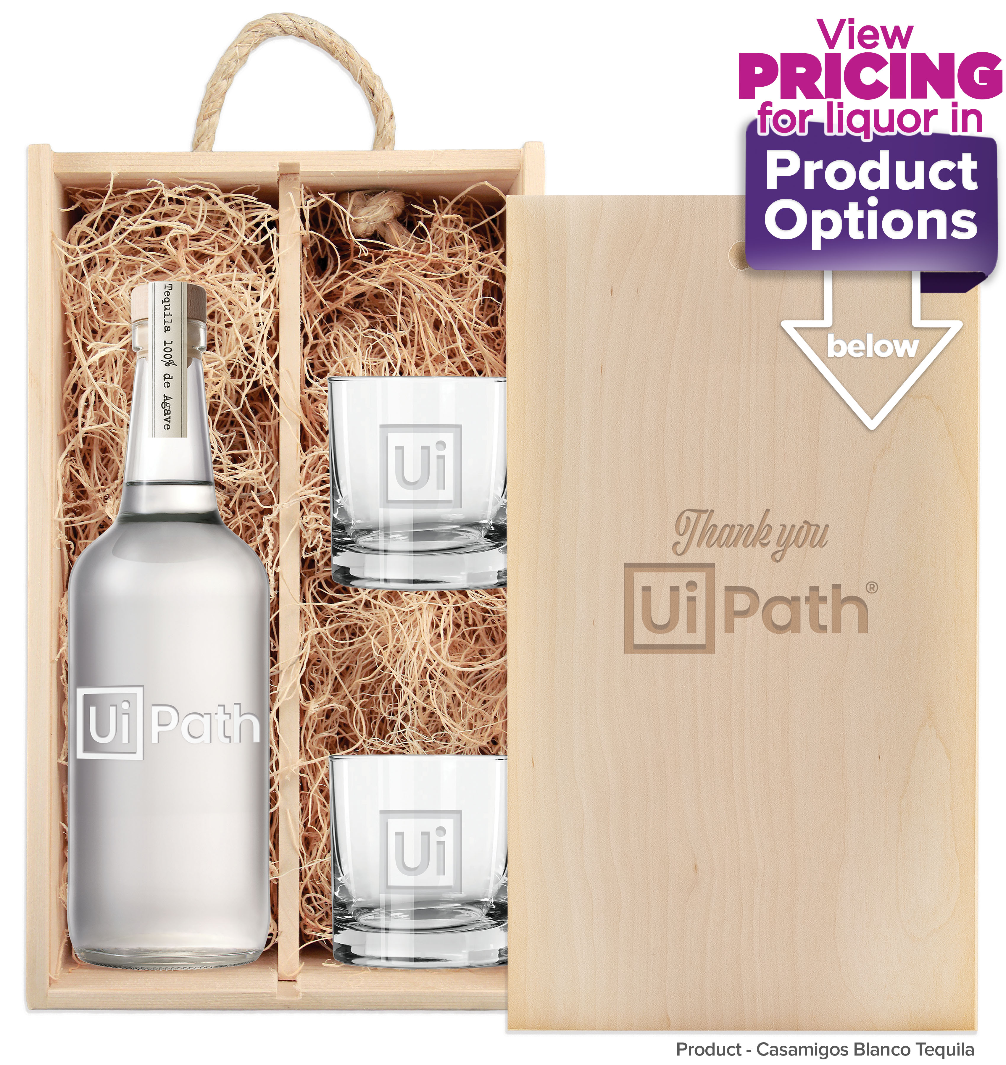 Laser-Engraved Double Wood Box w/Custom Etched Liquor Bottle + Glasses