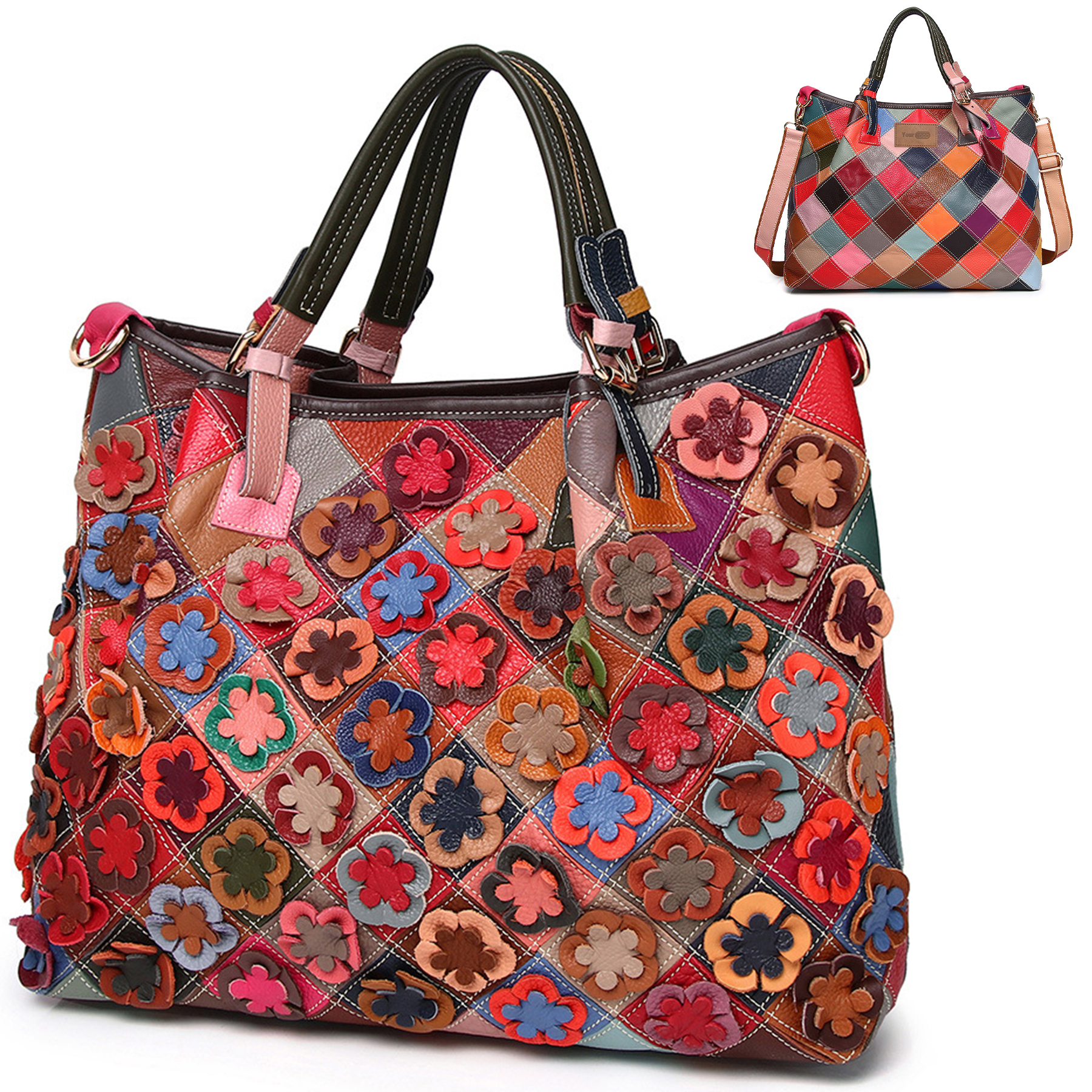 Genuine Leather Colorful flowers hand-paneled plaid tote bag 3