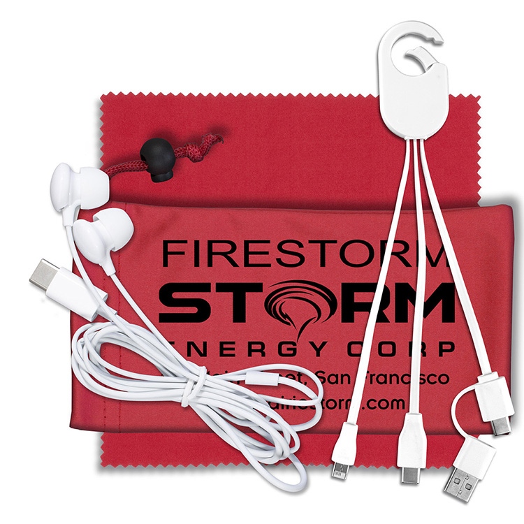 Mobile Tech Charging Kit with Earbuds in Microfiber Cinch Pouch Components inserted into Microfiber 17