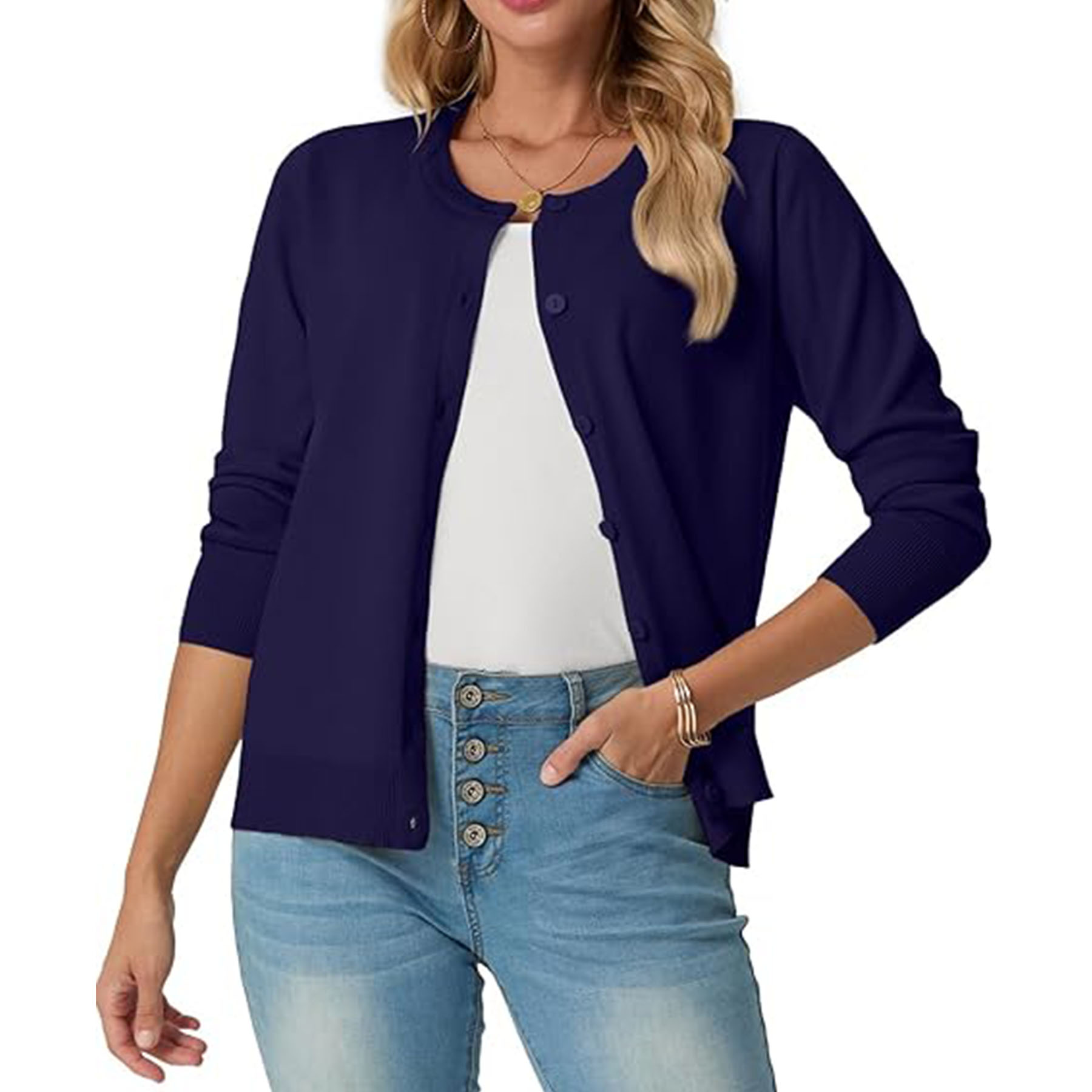 Women's Long Sleeved Lightweight Round Neck Casual Cardigan 35
