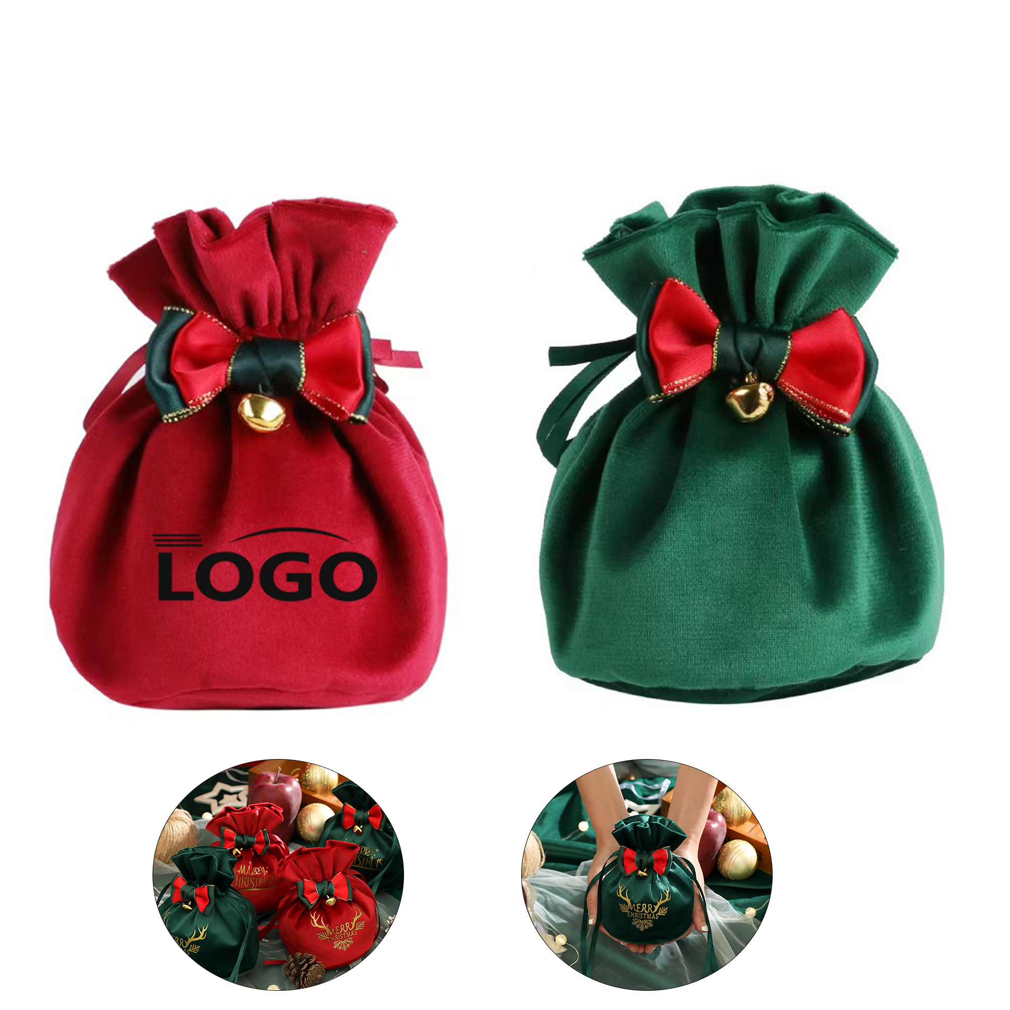 Medium Size Red & Green Velvet Drawstring Gift Pouches 3