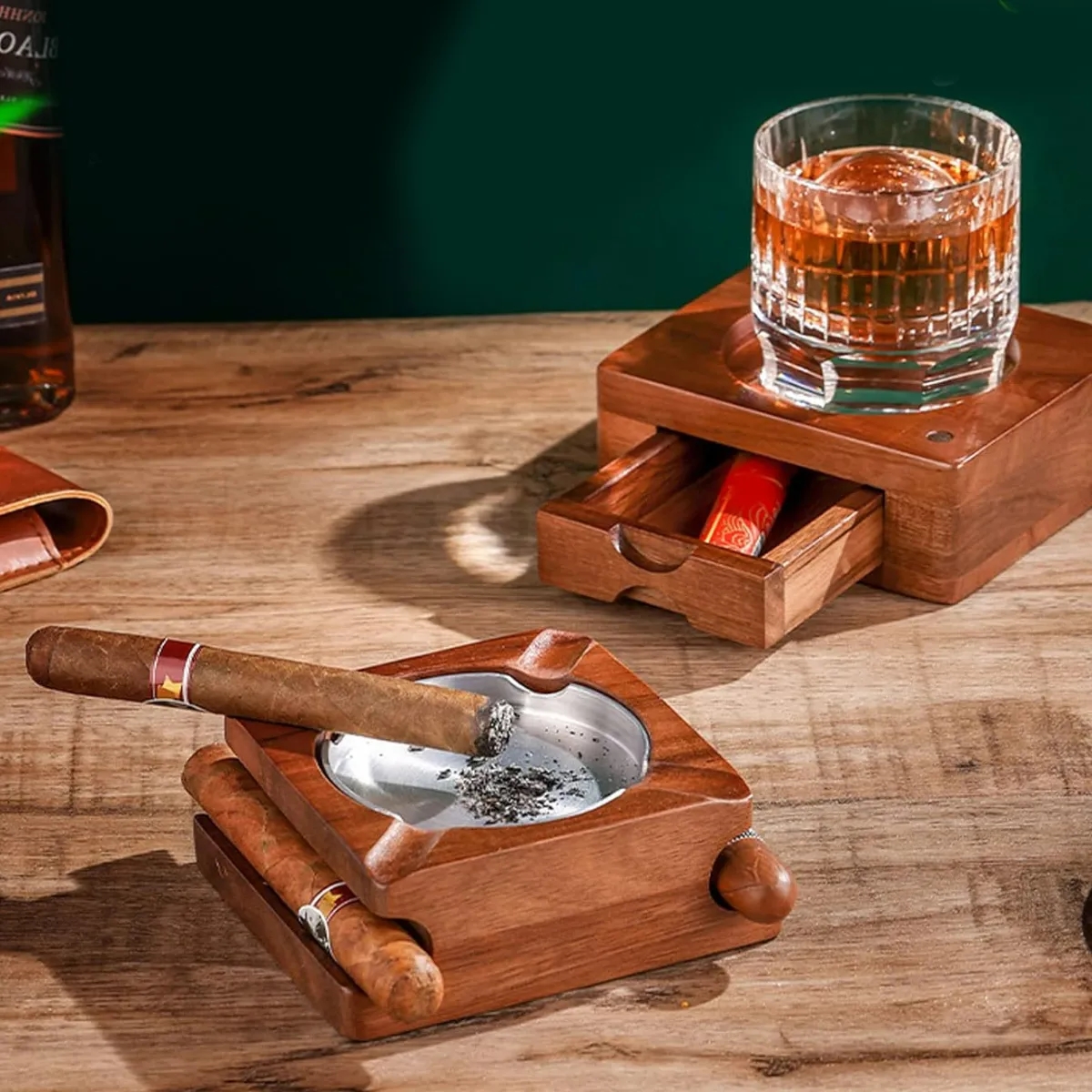 Wood Cigar Ashtray With Whiskey Glass Holder And Drawer 14