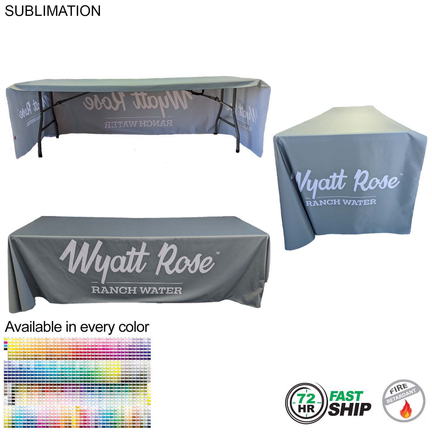 72 Hr Fast Ship - Sublimated PREMIUM Cloth for 8' Table, Drape Style, Open Back, Rounded corners 2