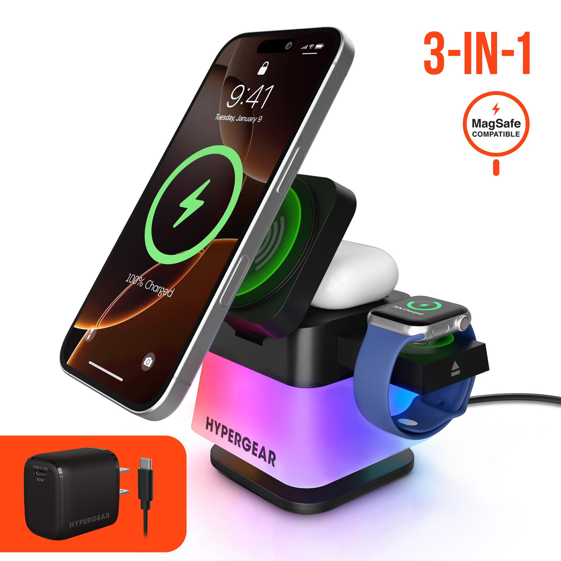 HYPERCEL 16356 PowerFold Cube 3-in-1 Wireless Charging Stand - Black