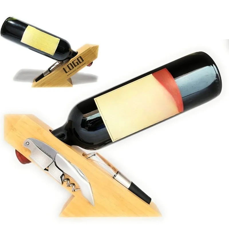 Bamboo Wine Bottle Holder with Corkscrew and Opener