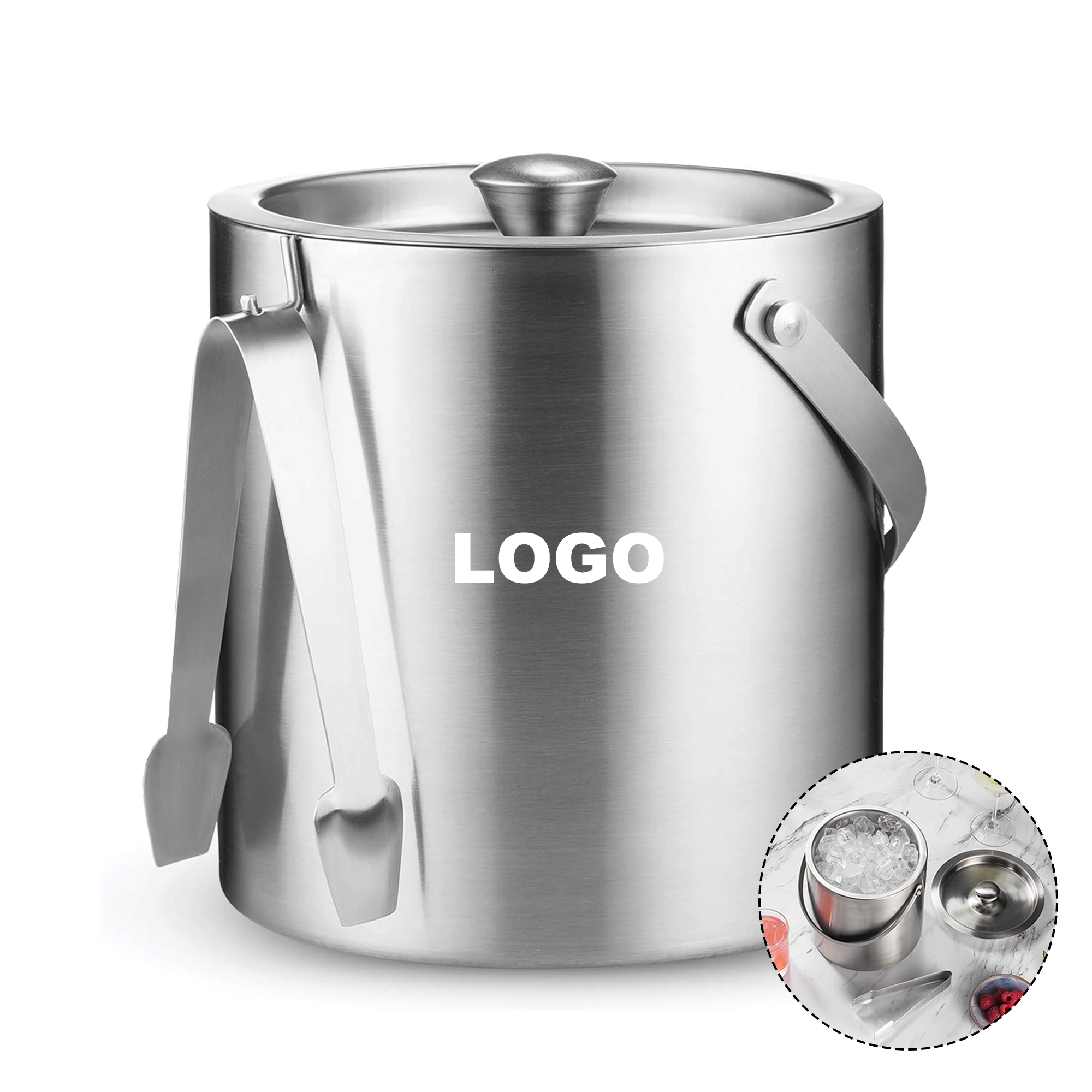 Stainless Steel Ice Bucket with Lid Tong Strainer 4