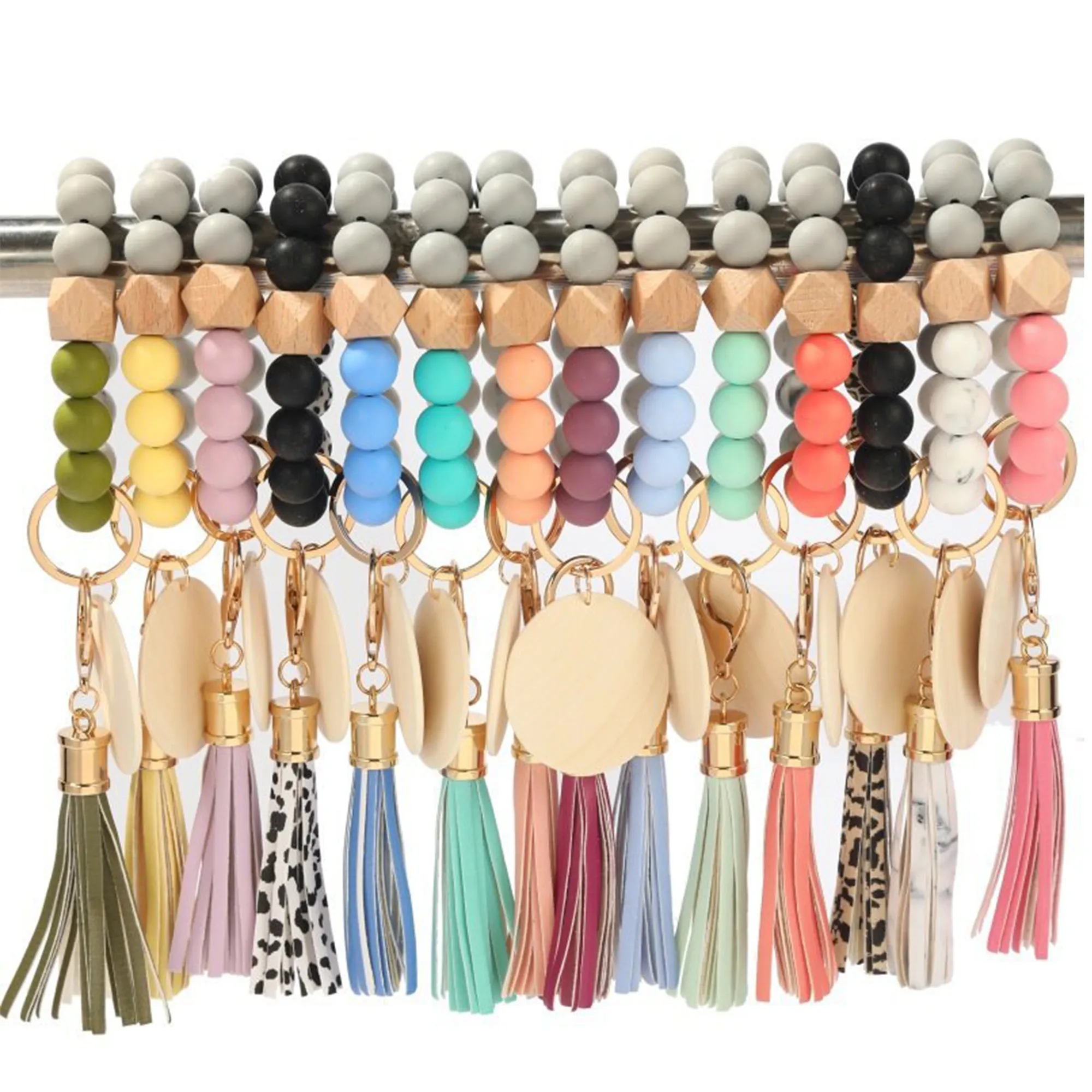 Silicone Key Bead Wood Bracelet Keychain 10