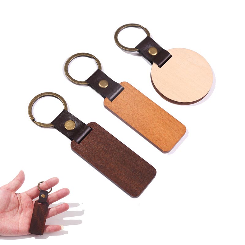 Engraved Wooden w/ Leather Keychain