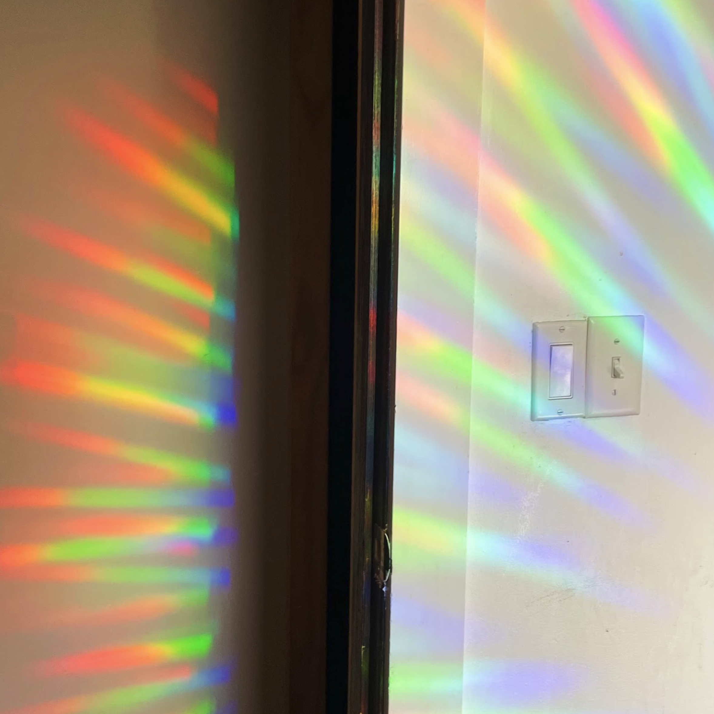 Customer product photo of rainbow suncatcher sticker casting rainbows on wall by Linh Vo/Fittonia Co.