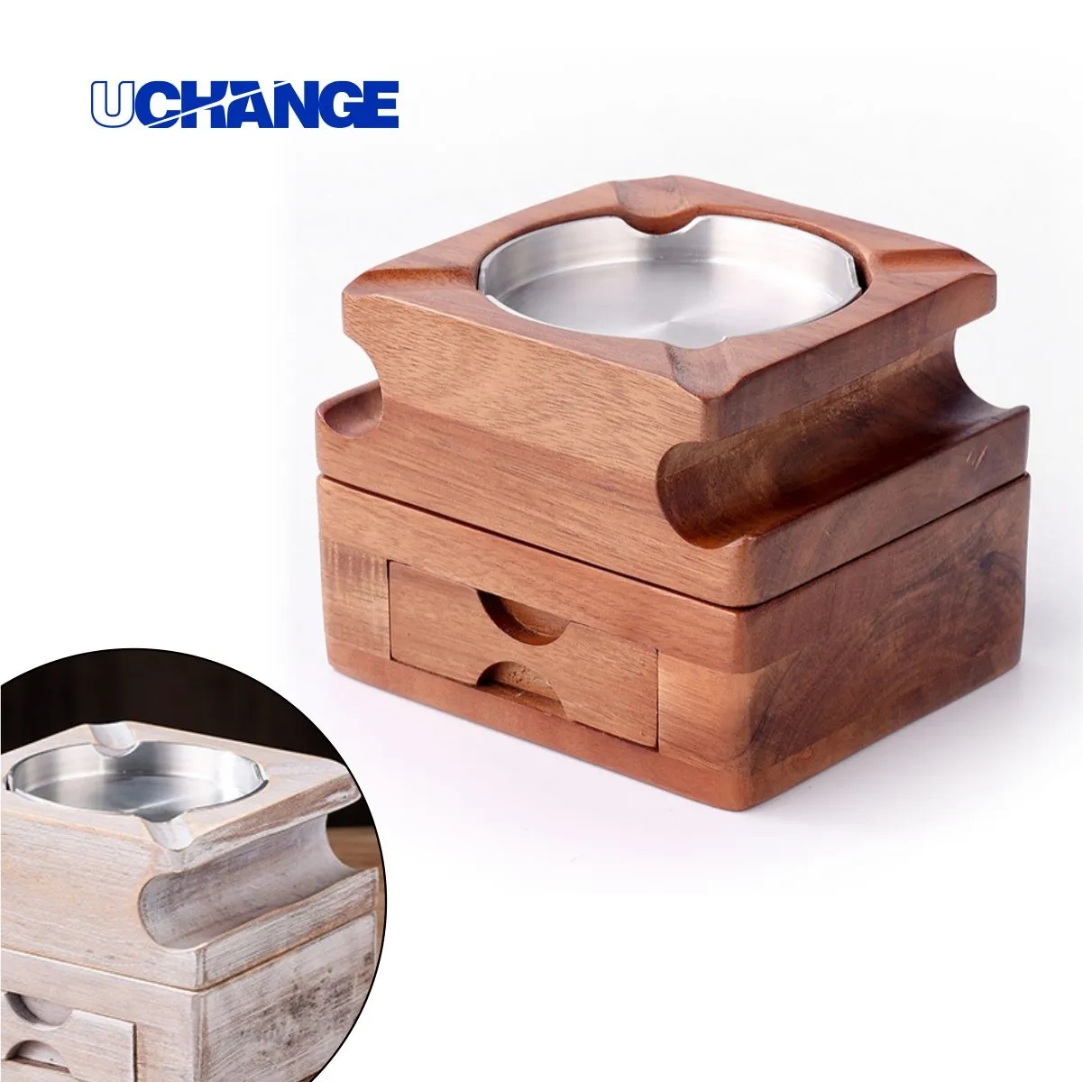 Detachable Wood Cigar Ashtray W/ Whiskey Glass Holder Drawer