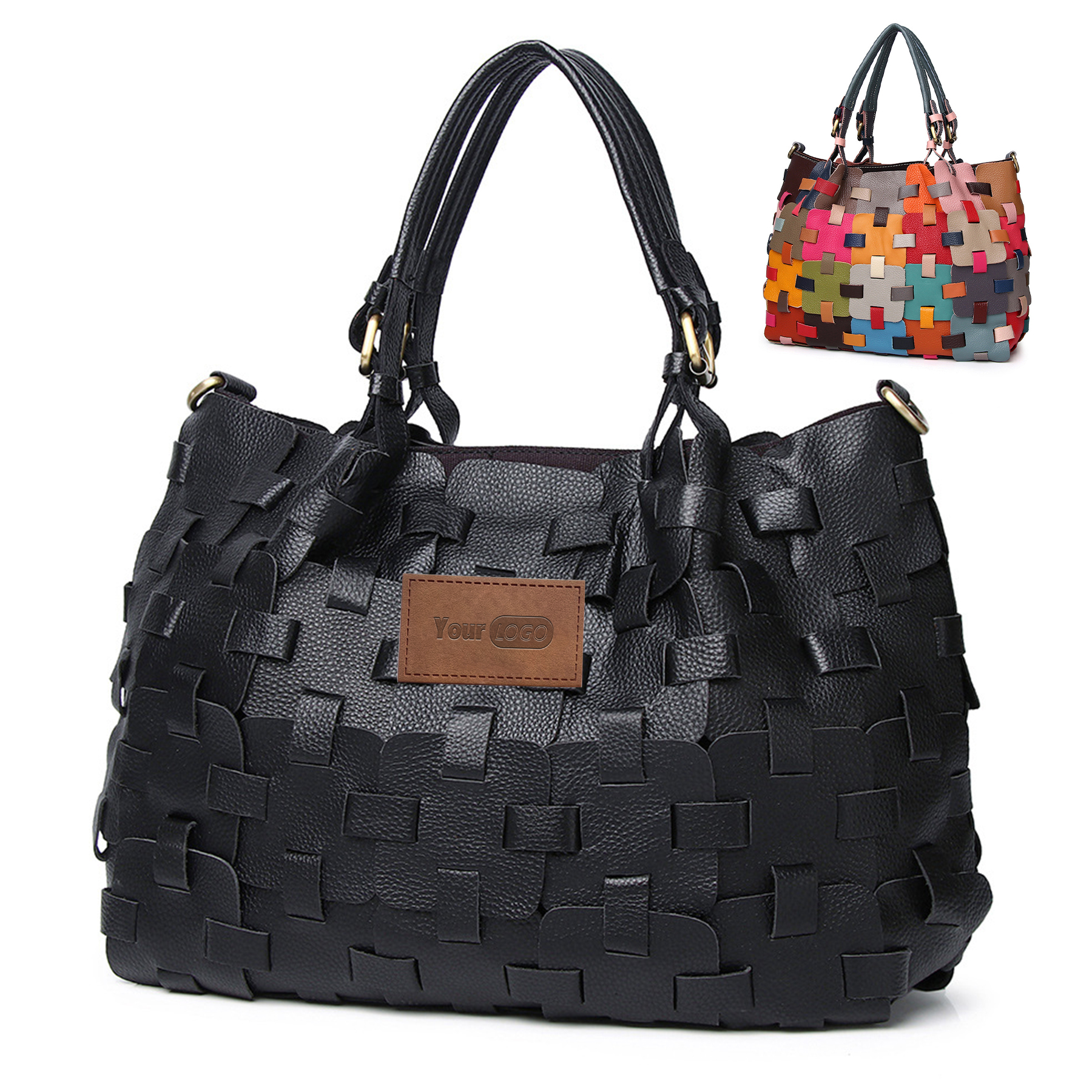 Genuine Leather Colourful square-paneled tote bag, custom tote bag with logo imprint 6