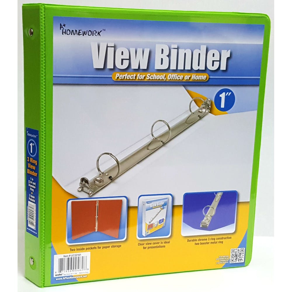 1" 3-Ring Binders - Lime Green View Cover 2 Pockets 3