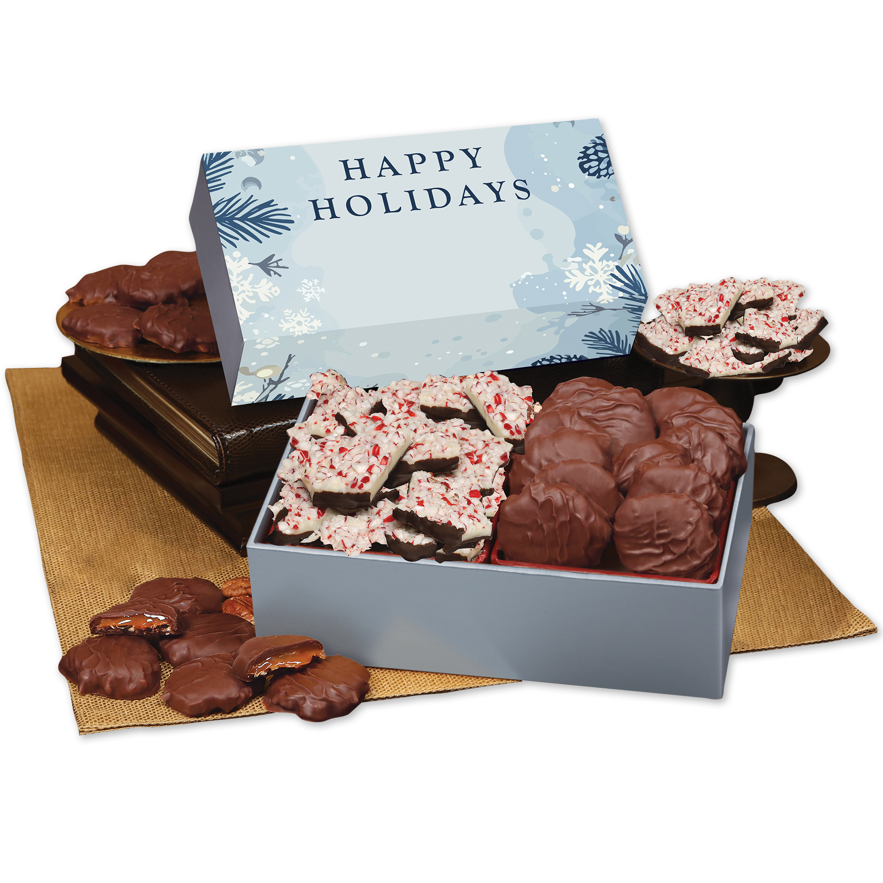 Peppermint Bark & Pecan Clusters in Gift Box with Happy Holidays Sleeve 3