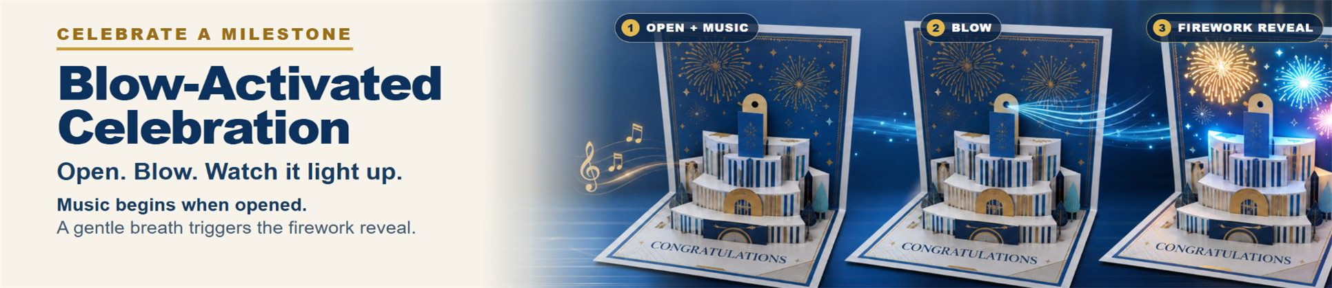Three-step blow-activated milestone card showing open, blow and illuminated firework states