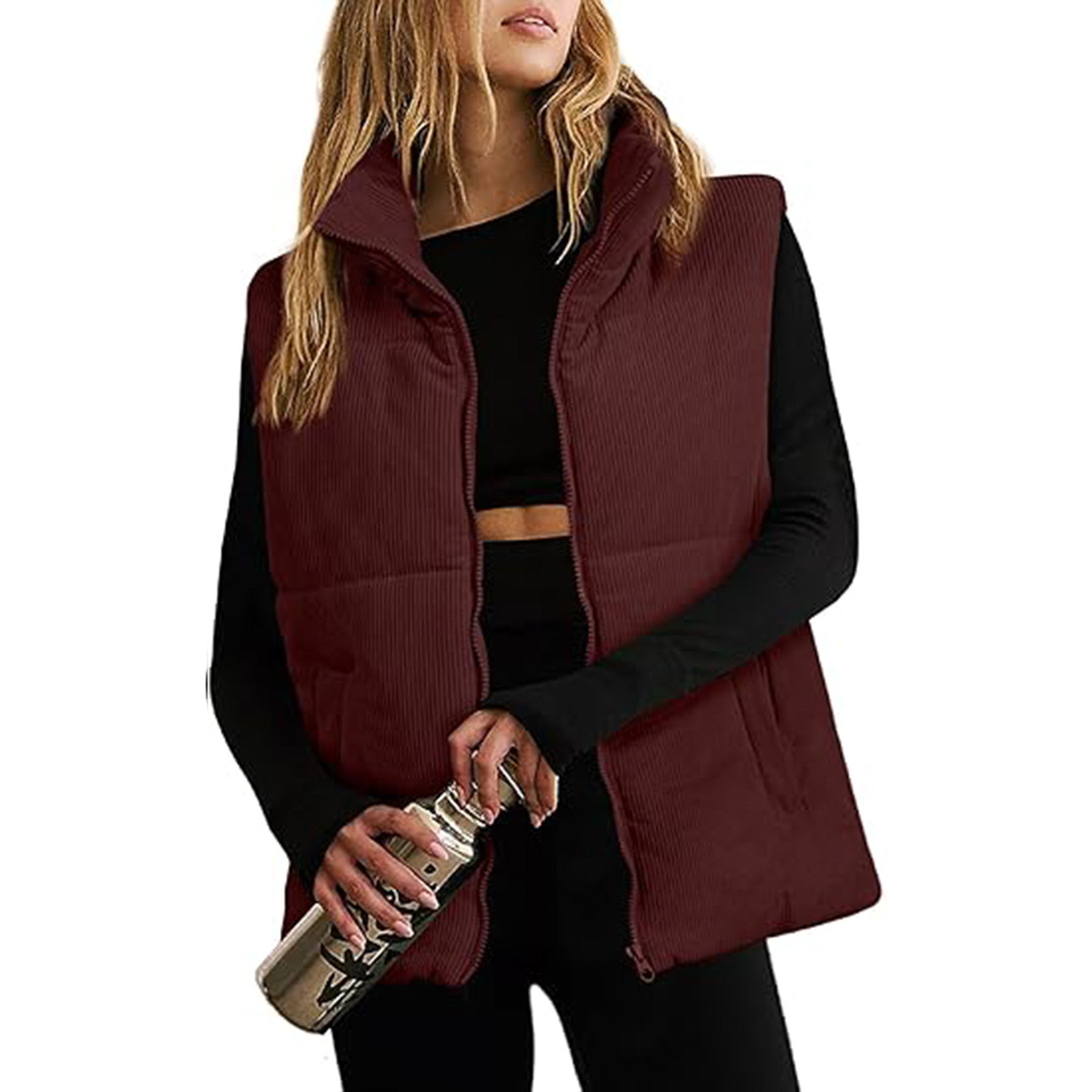 Corduroy Stand Collar Sleeveless Jacket 30