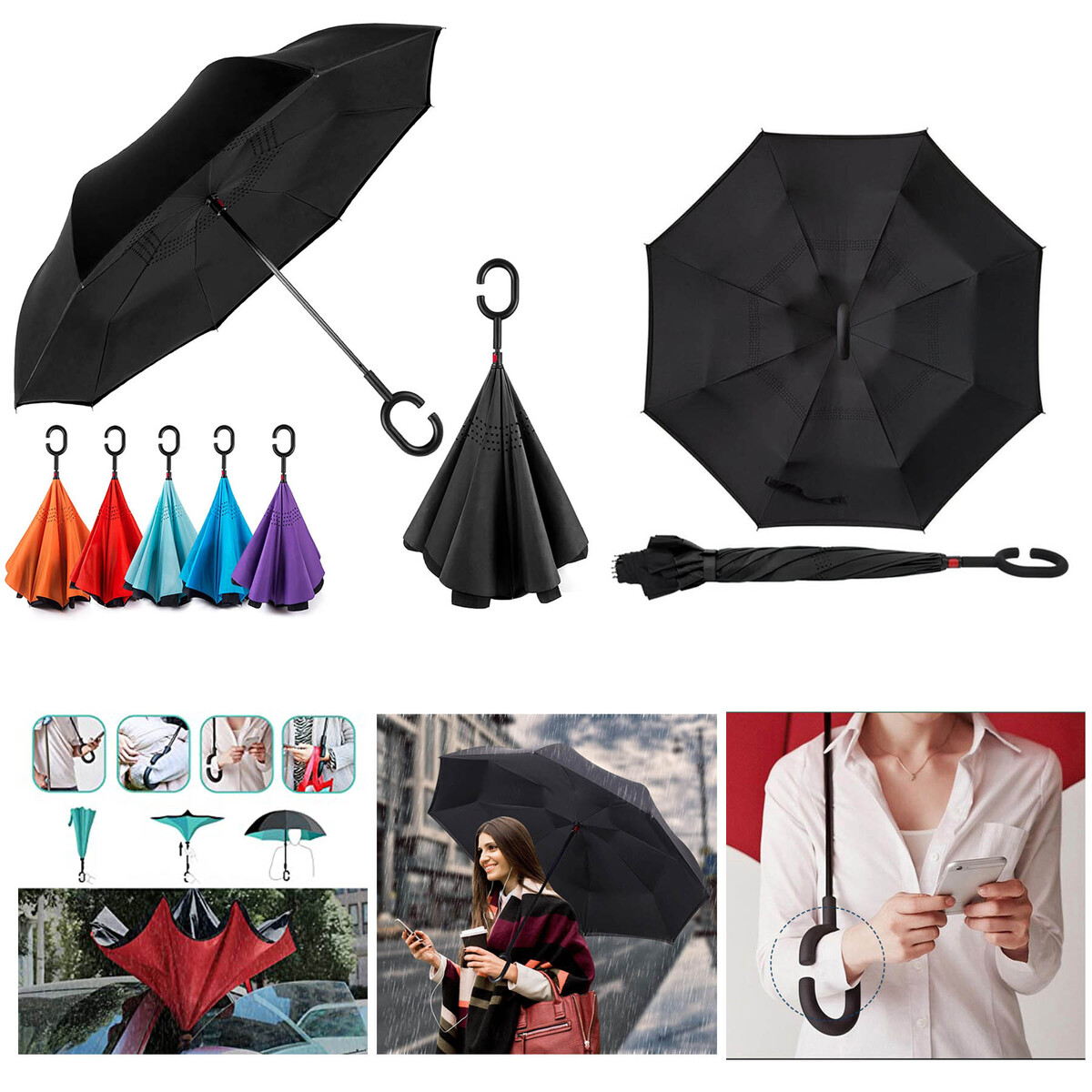 Inverted Umbrella Double-Layer Standing C-Shaped Long Handle Car Umbrella