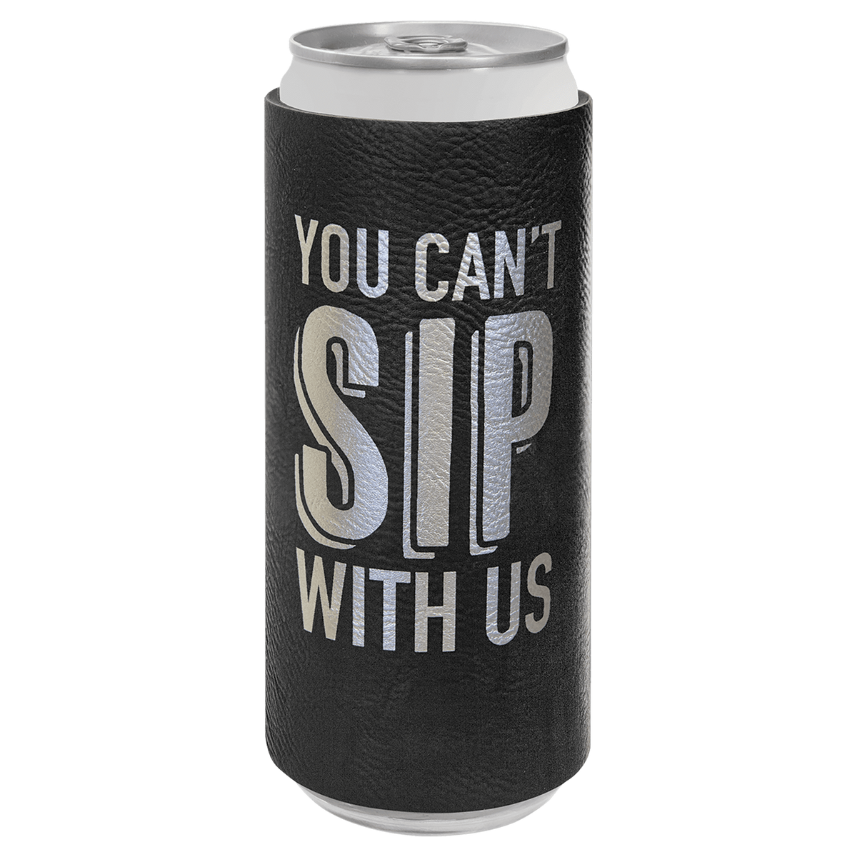 Black/Silver Leatherette Slim Beverage Holder, custom koozie with logo imprint 3