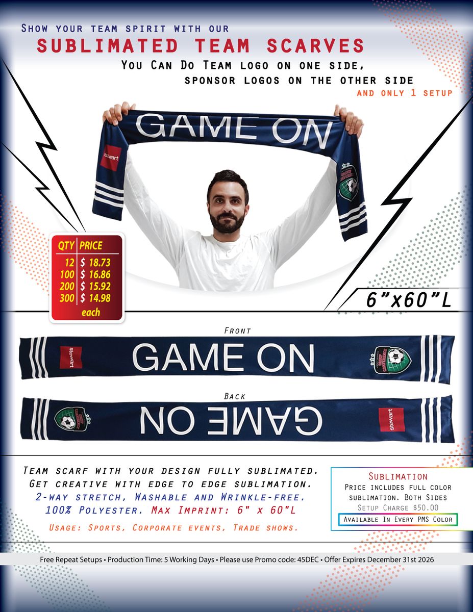Sublimated Soccer Football Stadium Scarves, 6x60, Sublimated edge