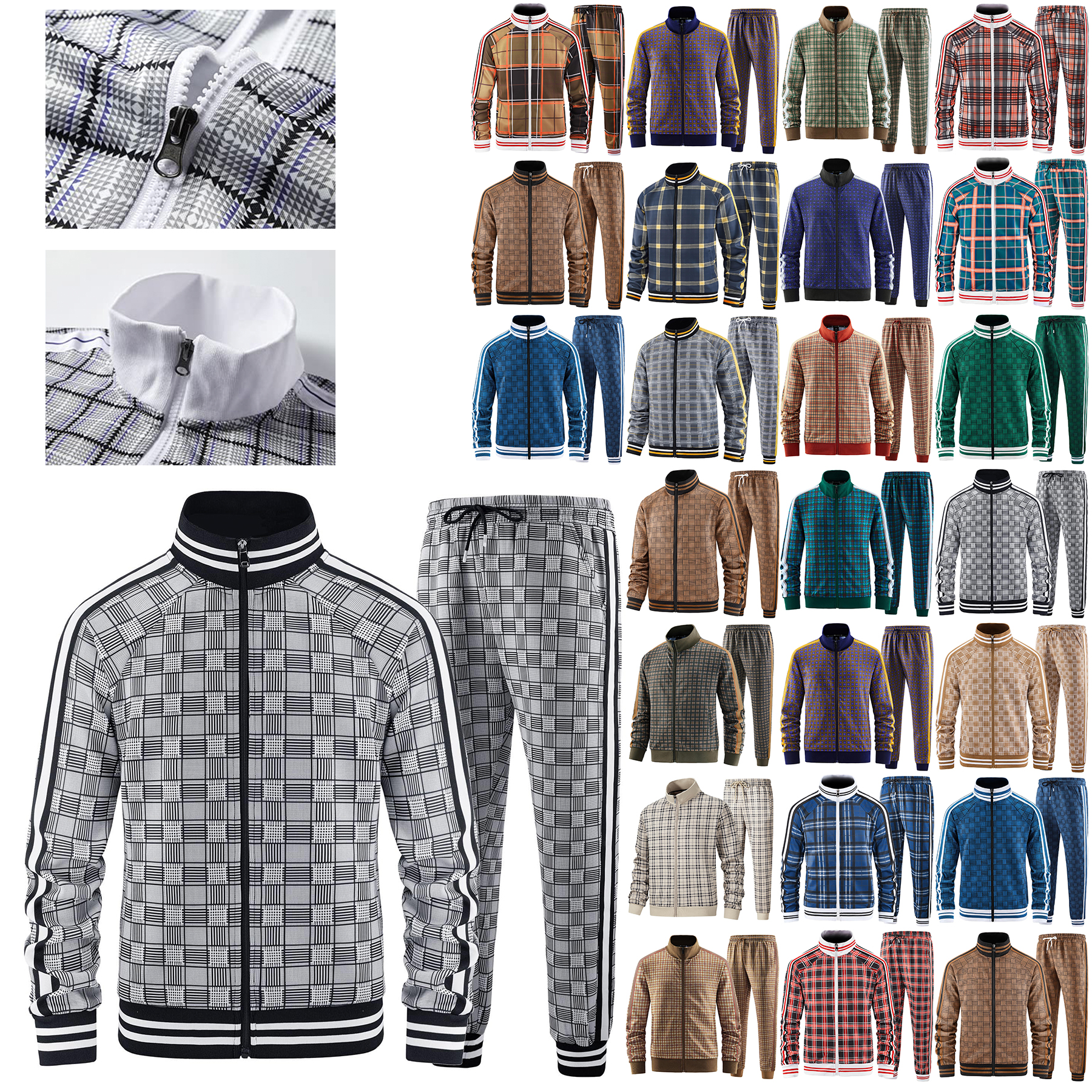 Mens Plaid Track Suits Anti Pilling Sports Wear Jacket Pants Custom 17