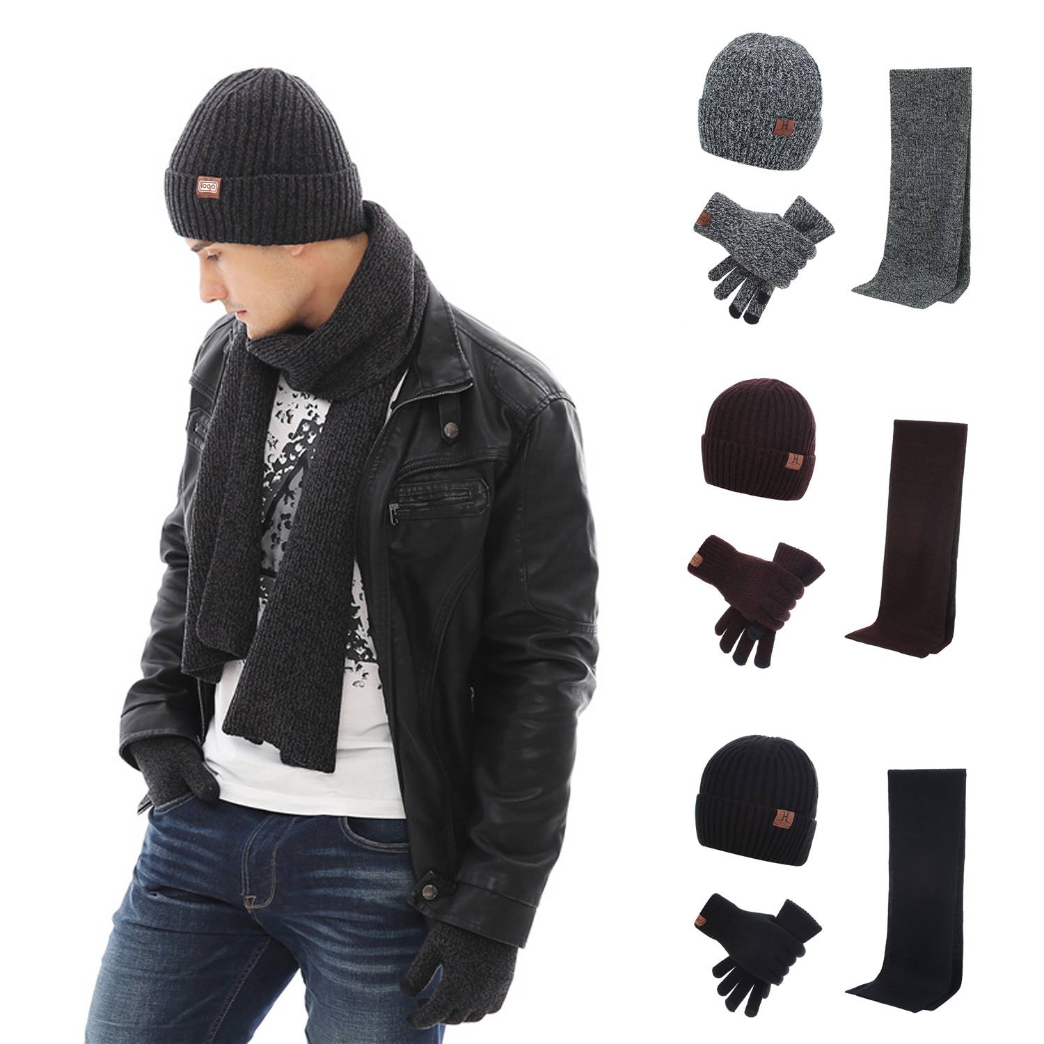 Winter Knit Hat Beanie Long Scarf Touchscreen Gloves Set
