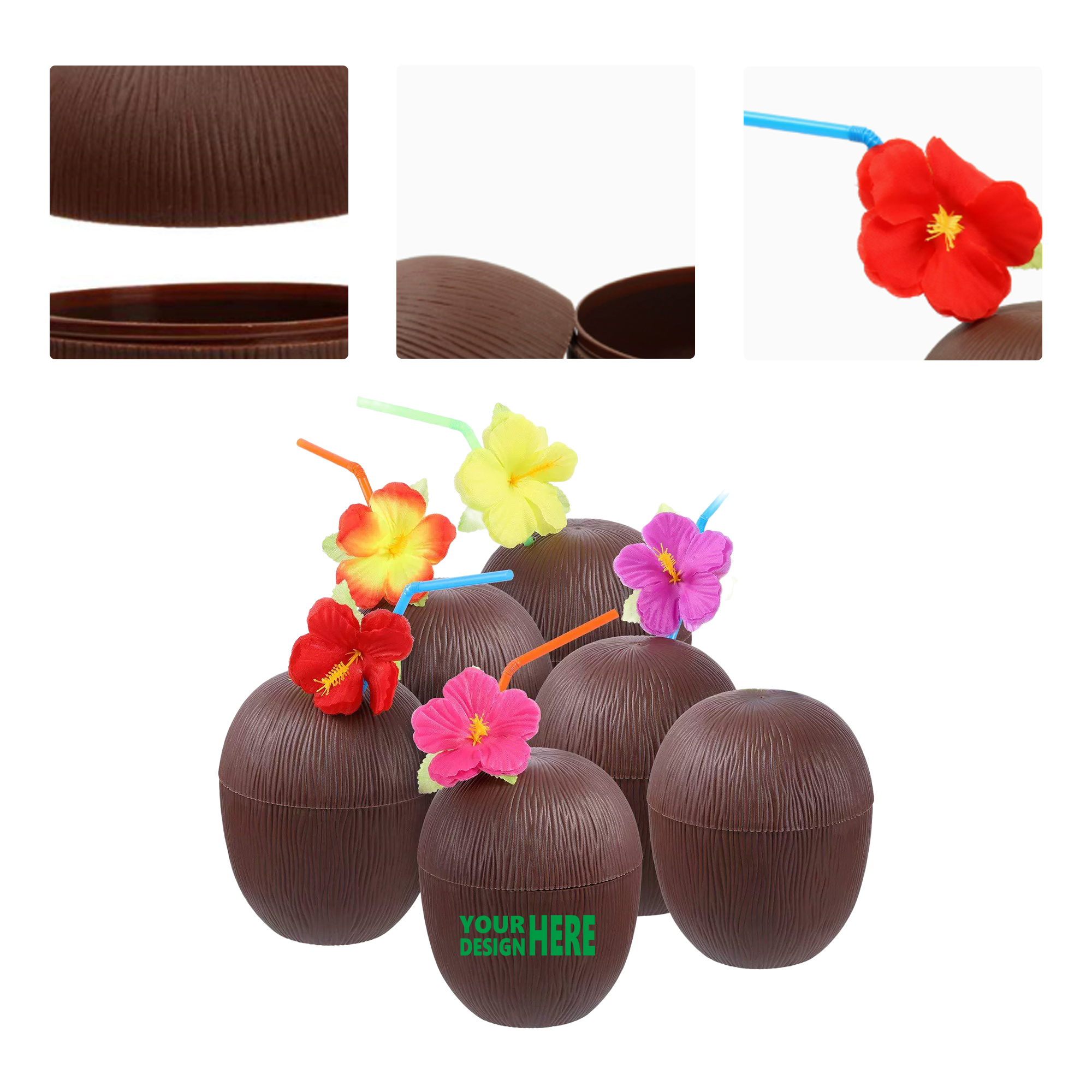 MOQ 50 Hawaiian Party Coconut Cup Pine Cup with Hibiscus Flower Straw 3
