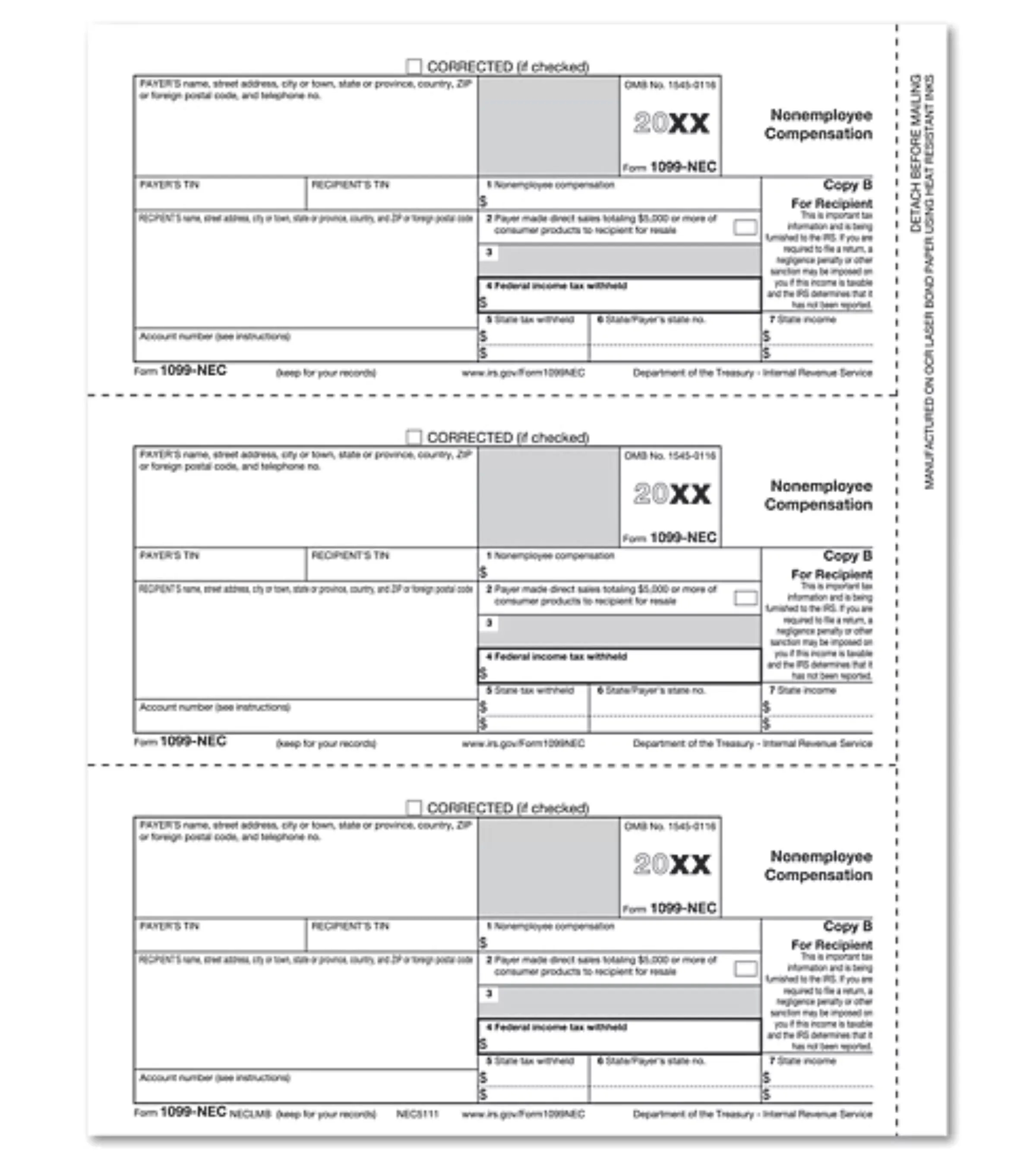 1099 NEC Recipient Copy B Cut Sheets- 50 sheets/Pk 3