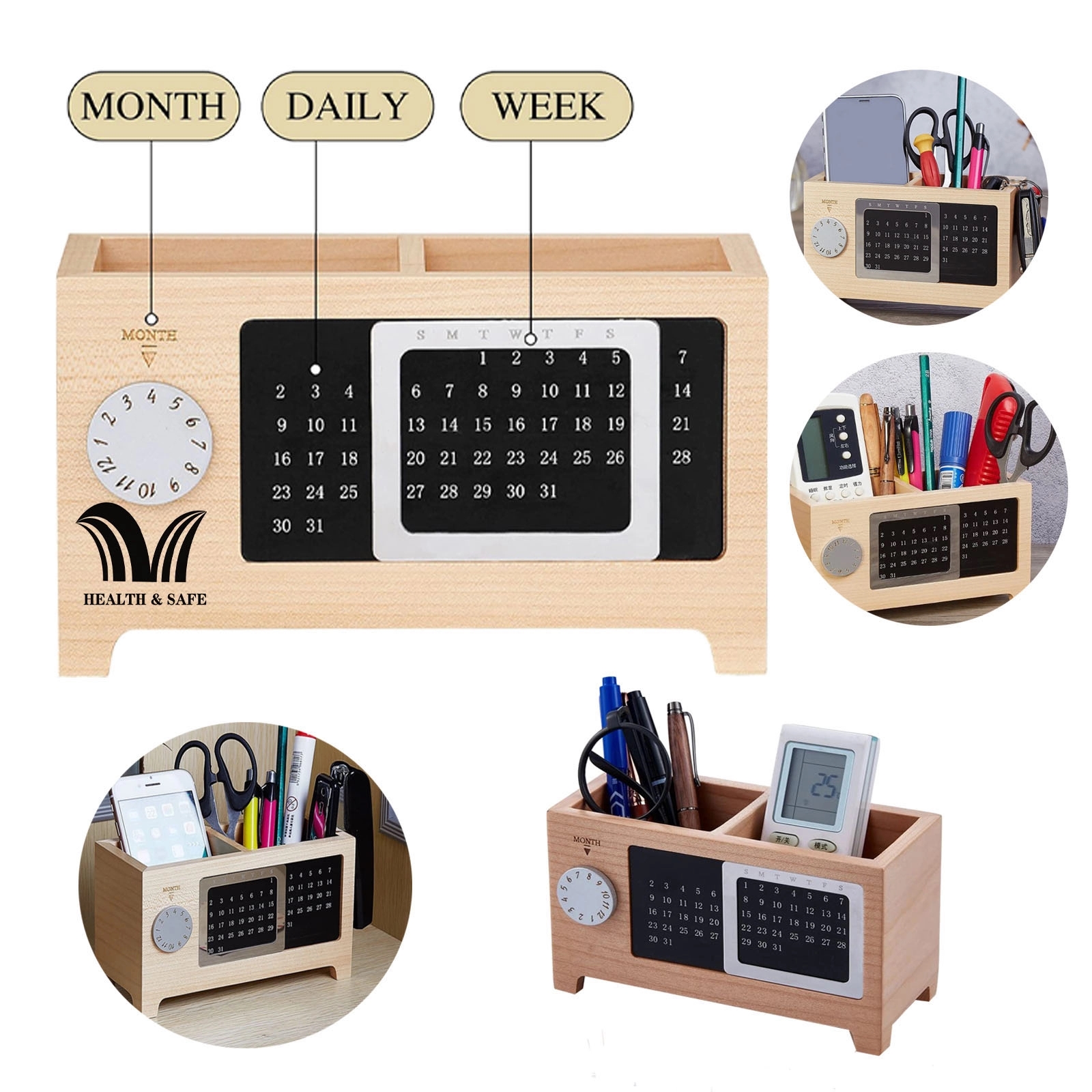 Wooden Perpetual Calendar Pen Holder Storage Box