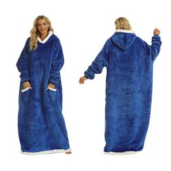 Winter Long Wearable Fleece Hooded Blanket With Pocket