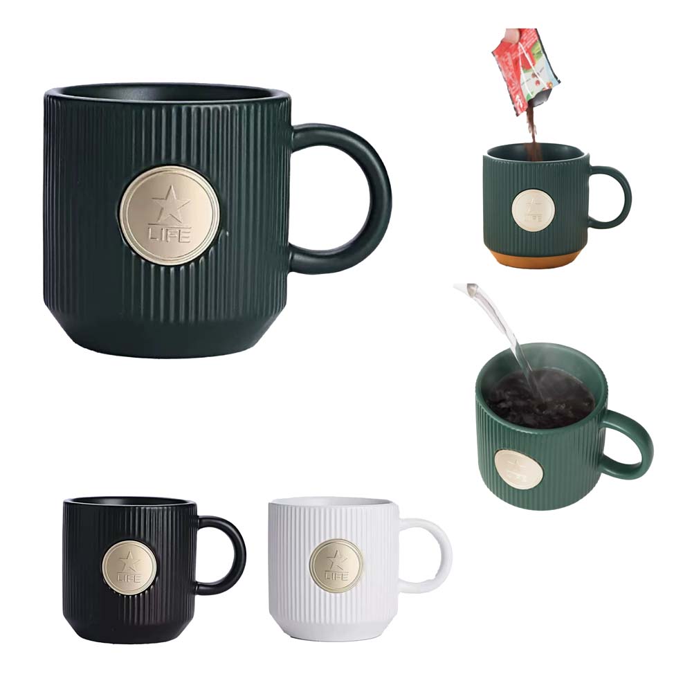 3 3/5 Inch Ribbed Ceramic Mug W/ Metal Badge