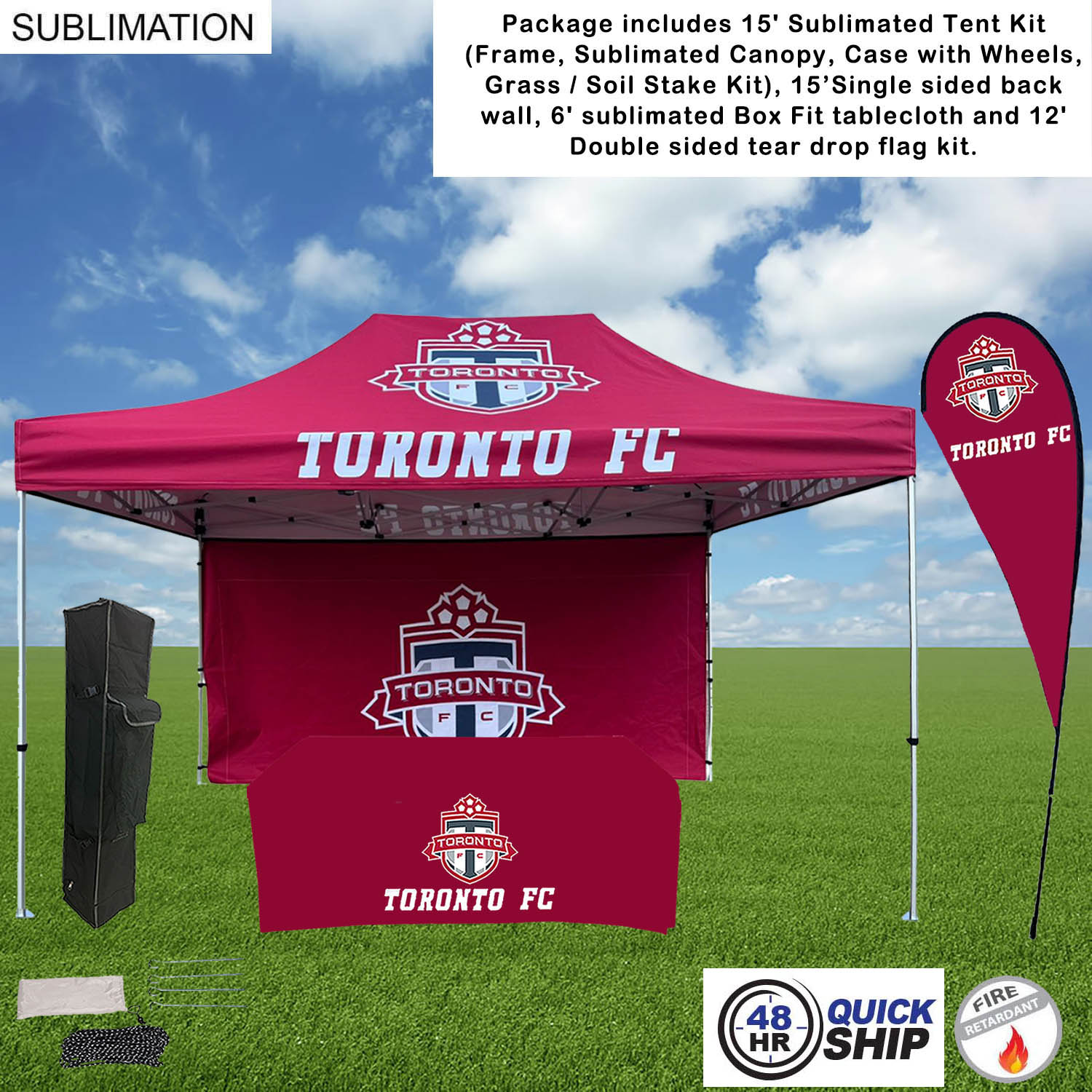 48Hr Quick Ship -Deluxe Tent Flag Package, 15' Tent, 15' Backwall, Tablecloth, Double sided Flag Kit 2