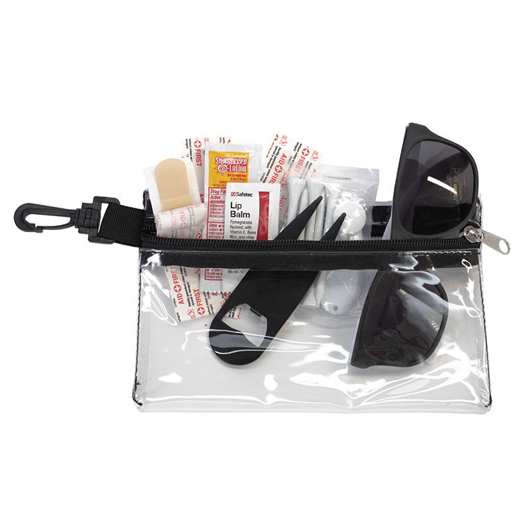 "CHIP 16" 16 Piece Golf Kit in Supersized Zipper Pack Components inserted into Zipper kit with Carab 7
