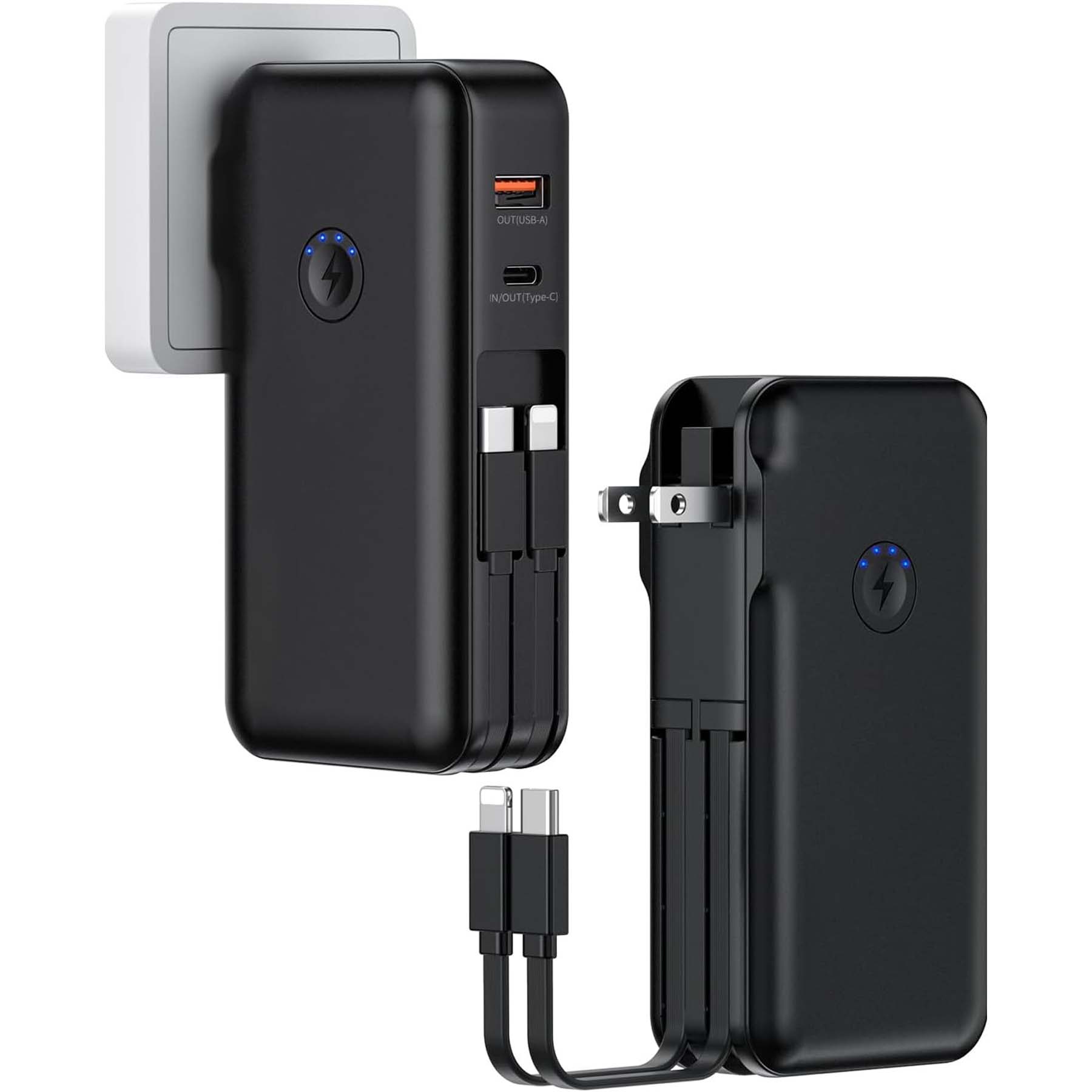 High-Capacity 3-in-1 Portable Power Bank with Built-in Cable and AC Plug