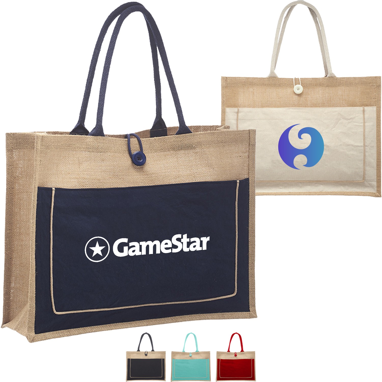 Two tone Jute Tote Bag w/ Front Pocket & Colored Handles & Gusset