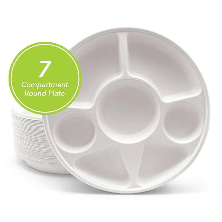 Three Leaf 13" 7 Compartment Bagasse Round Plates 50 Pack 3