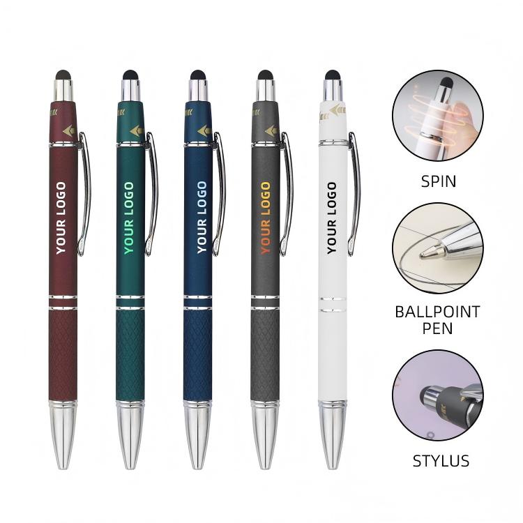 Retractable Metal Ballpoint Pen W/ Spinnable Stylus Tip