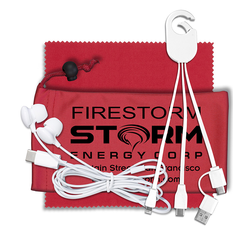 Mobile Tech Charging Kit with Earbuds in Microfiber Cinch Pouch Components inserted into Microfiber 18