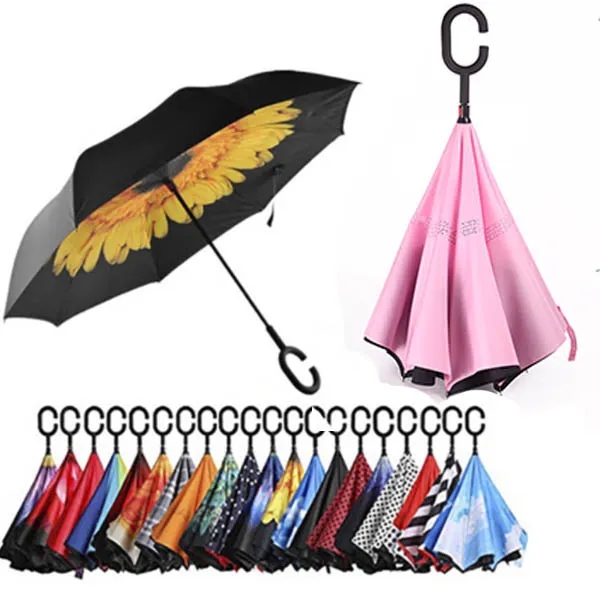 Inverted Reverse Folding Umbrellas With C-Shaped Handle