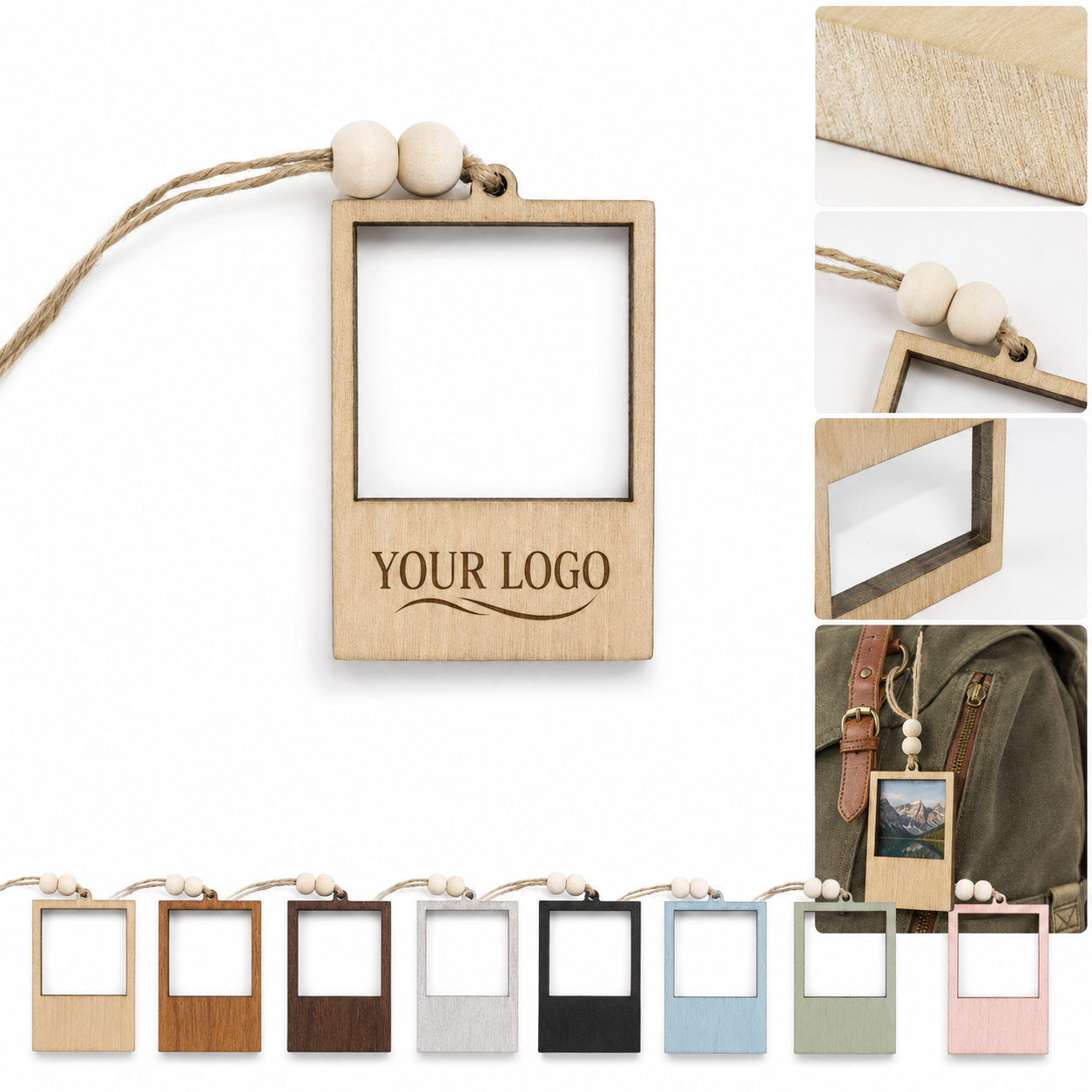 Wood Photo Frame Magnet Keychain Beaded Hanging Picture Holder