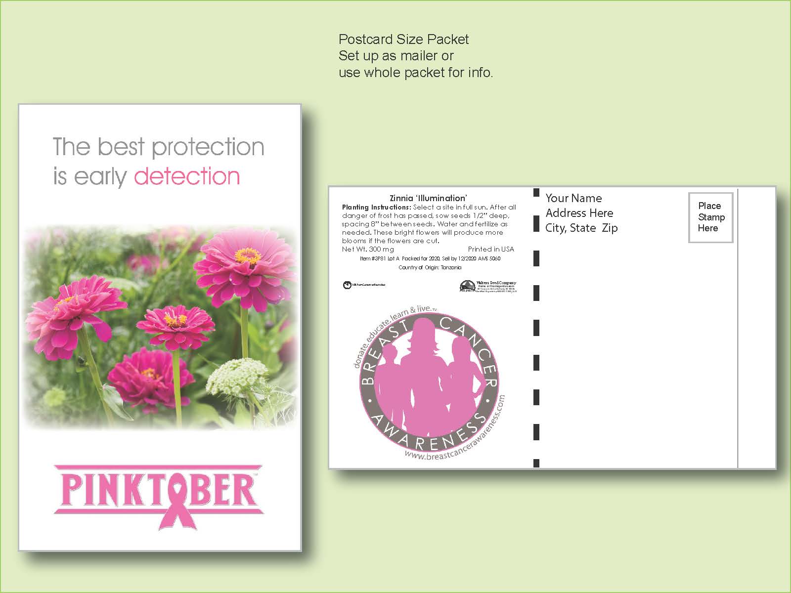 Zinnia Pink Illumination Flower Seed Packets - Postcard Mailer Size 4" x 6.5"