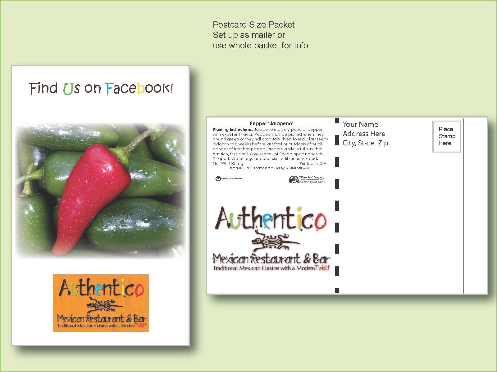 Jalapeno Pepper Seed Packet - Postcard Mailer Size 4" x 6.5"