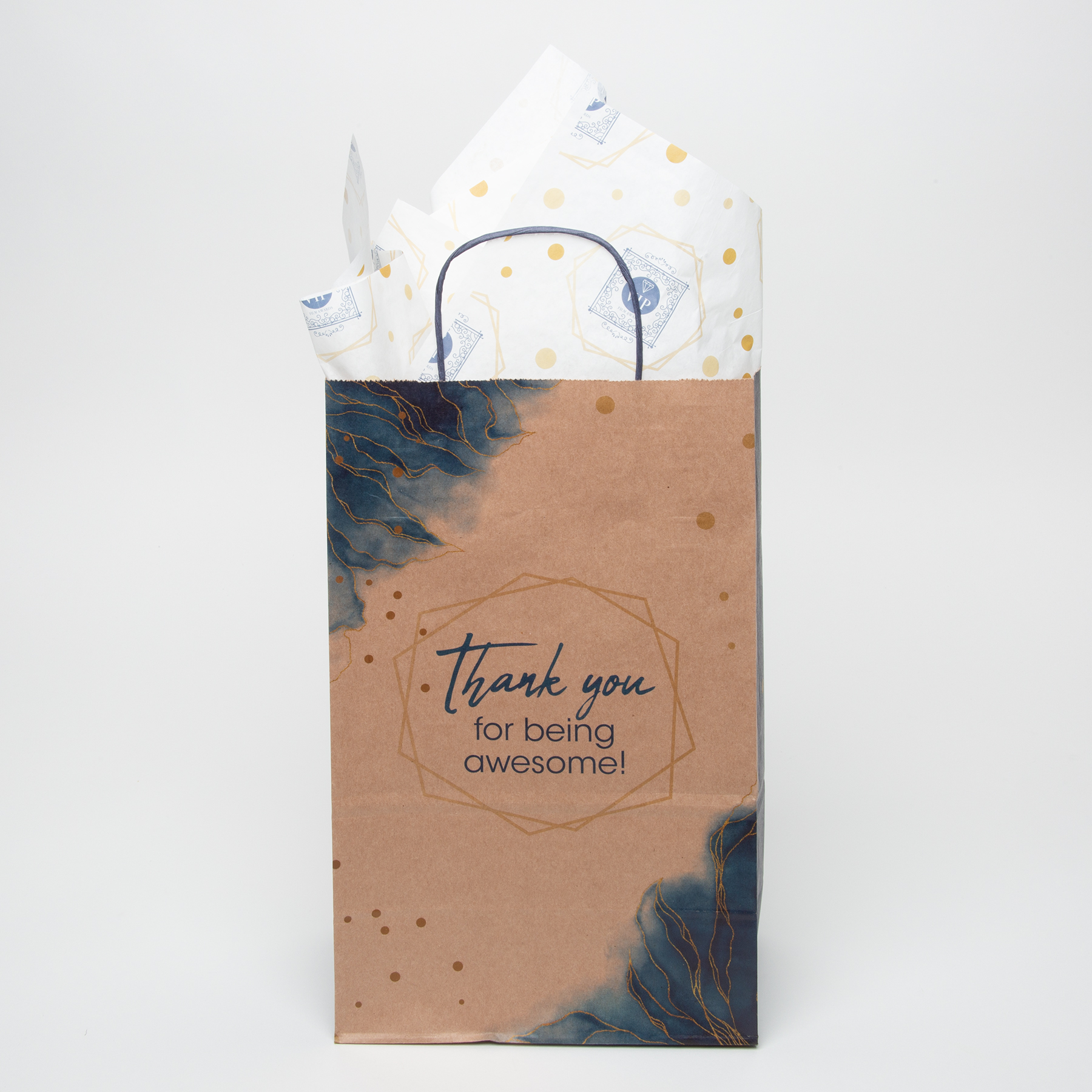 13.375" Natural Brown Blue Handle Shopper with Tissue Paper Bundle
