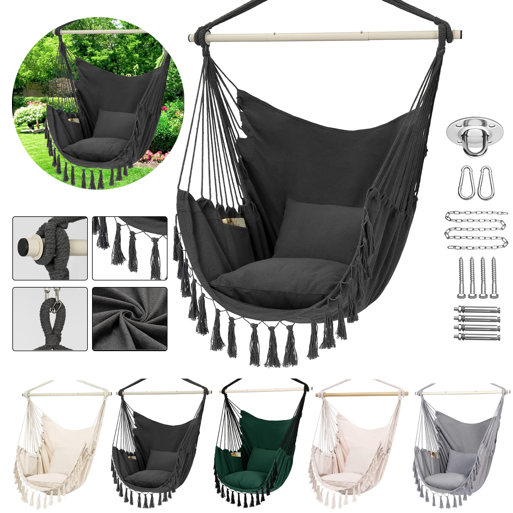 Hammock Chair Hanging Rope Swing with Cushions 6