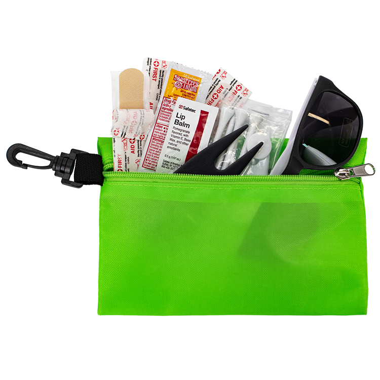 "CHIP 16" 16 Piece Golf Kit in Supersized Zipper Pack Components inserted into Zipper kit with Carab 8